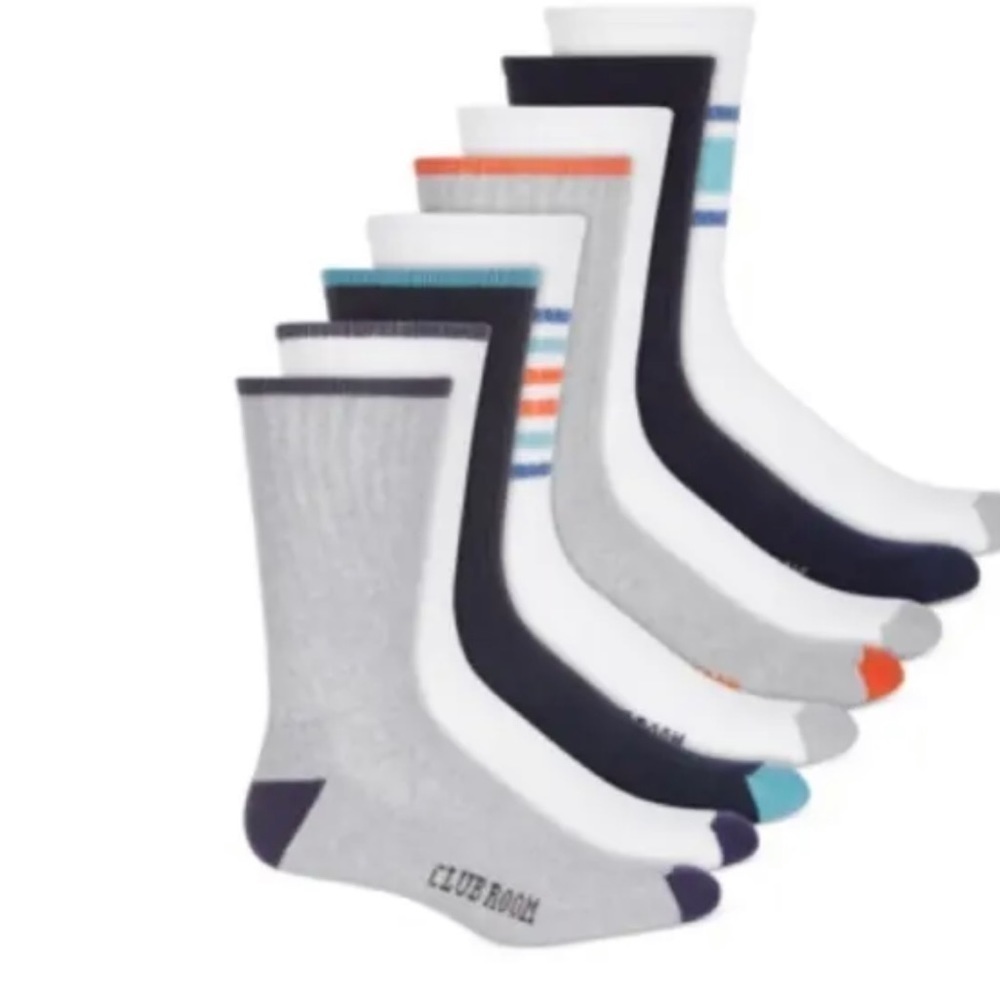Men's Club Room Crew Striped Socks 8-Pack Pairs Navy/Orange/Blue 10-13. NWT $40.